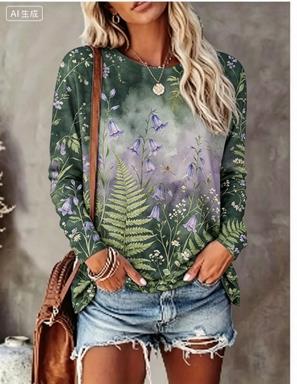 Wallpaper - Damen-Langarm-T-Shirt mit Farbverlauf-Hintergrund, Aquarell-Blumen- und Vogelmotiv,