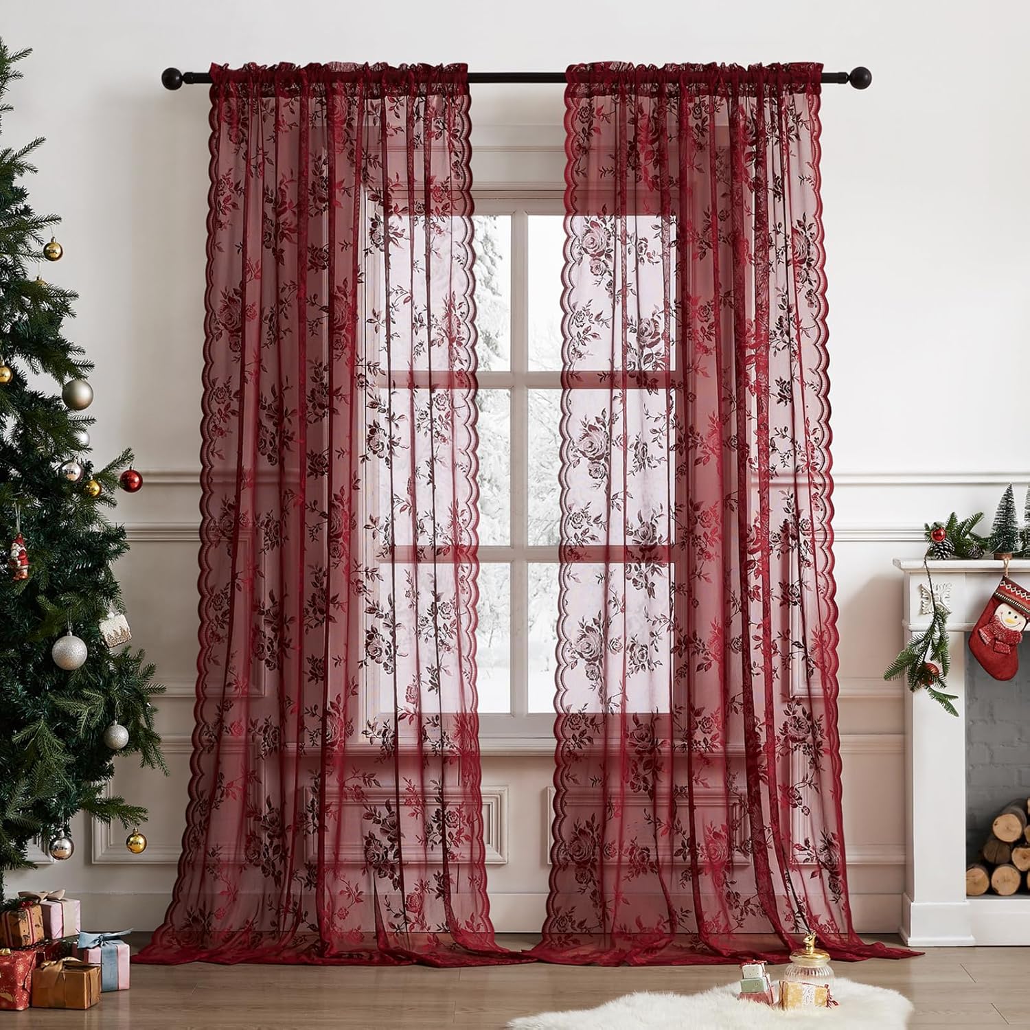 Curtain Rods - 1 Stück burgunderfarbene Spitzenvorhänge, 45 Zoll